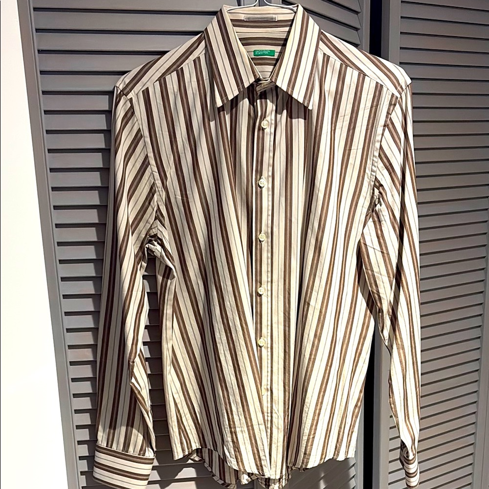 United Colors Of Benetton Men’s Brown and White Casual Button Down Shirt. VGUC
